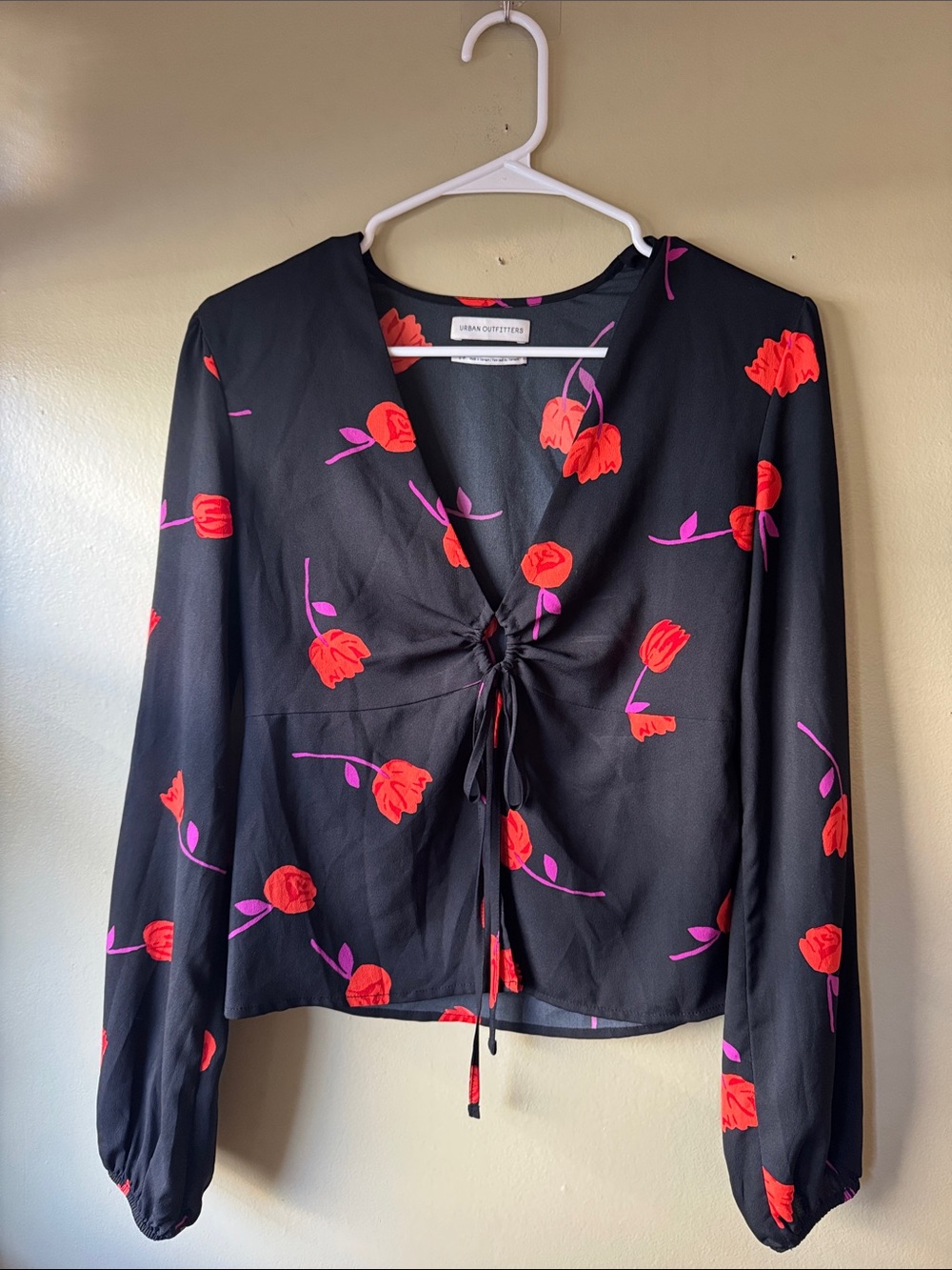 Urban Outfitters Black Floral Tie-Front Blouse with Red and Pink Accents